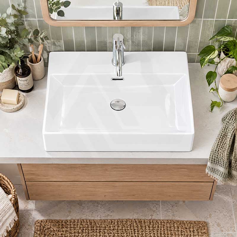 Lukka Above Counter / Wall Hung Rectangle Ceramic Basin with Tap Hole 605x425x130mm - Gloss White