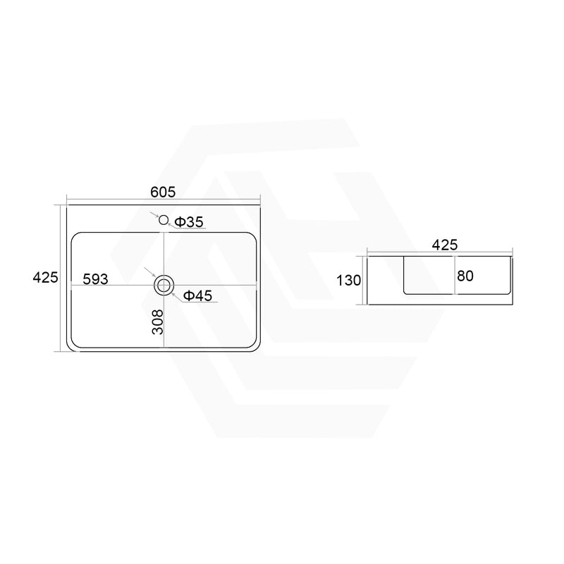 Lukka 605x425x130mm Above Counter / Wall Hung Rectangle Gloss White Ceramic Basin with Tap Hole
