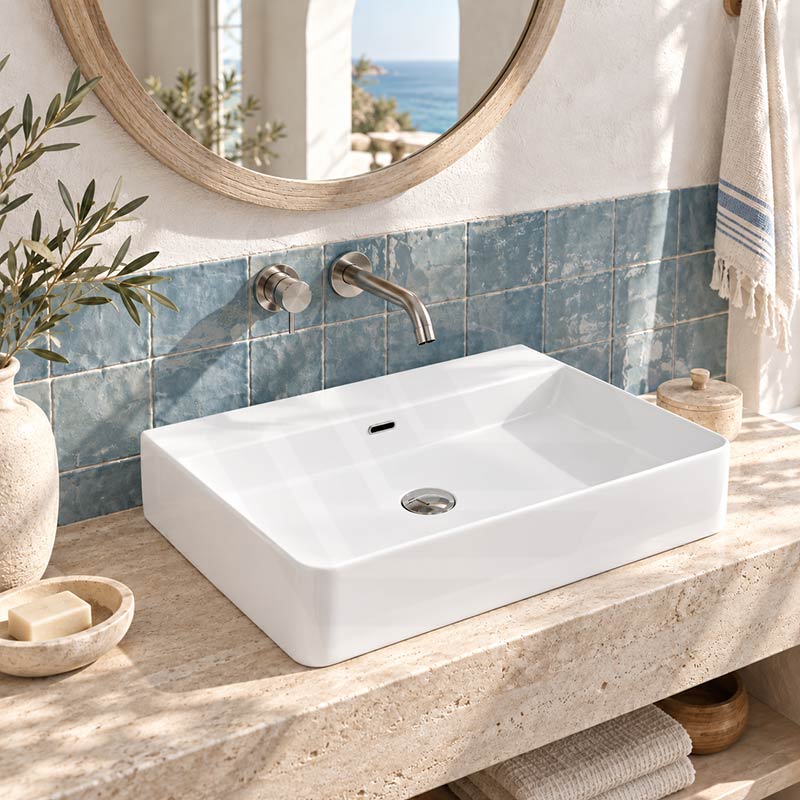 Lukka Above Counter/Wall-hung Ceramic Basin Rectangle 600x420x135mm - Gloss White