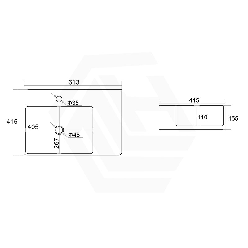 Lukka Kliff 613x415x155mm Ceramic Wall Hung/Above Counter Basin Left/Right Hand Bowl with Overflow Gloss White