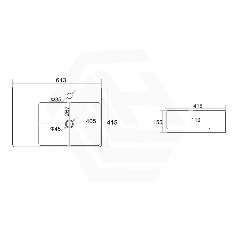 Lukka Kliff 613x415x155mm Ceramic Wall Hung/Above Counter Basin Left/Right Hand Bowl with Overflow Gloss White