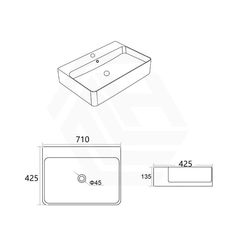 Lukka Kliff 710x425x135mm Ceramic Gloss White Above Counter/Wall Hung Basin with Overflow