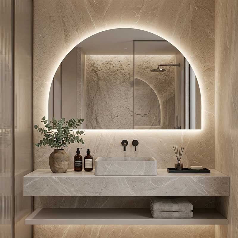 1200/1500mm Lukka Arco Half Moon Pencil Edge Backlit LED Mirror Touchless Sensor Vertical or Horizontal