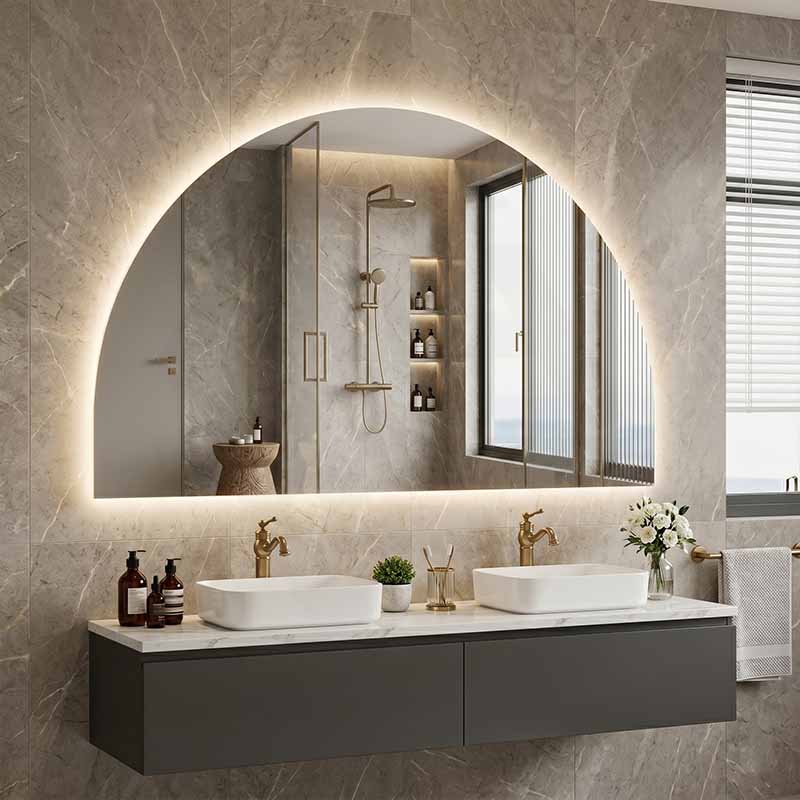 1200/1500mm Lukka Arco Half Moon Pencil Edge Backlit LED Mirror Touchless Sensor Vertical or Horizontal