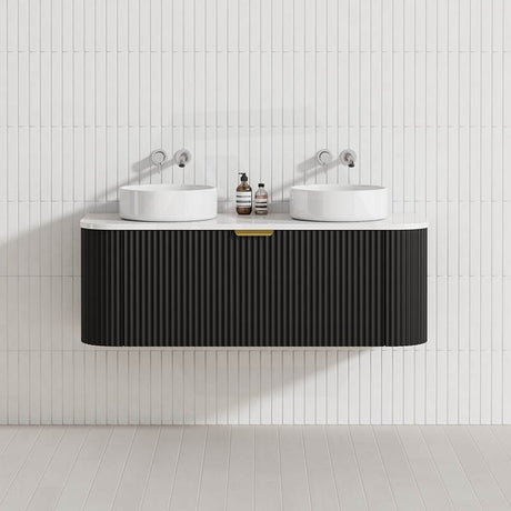 600-1800mm Lukka Agena Matt White/Black Wall Hung Bathroom Fluted PVC Vanity with Soft Closing Drawers Curve Edge