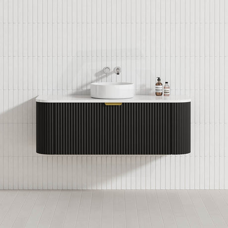 600-1800mm Lukka Agena Matt White/Black Wall Hung Bathroom Fluted PVC Vanity with Soft Closing Drawers Curve Edge