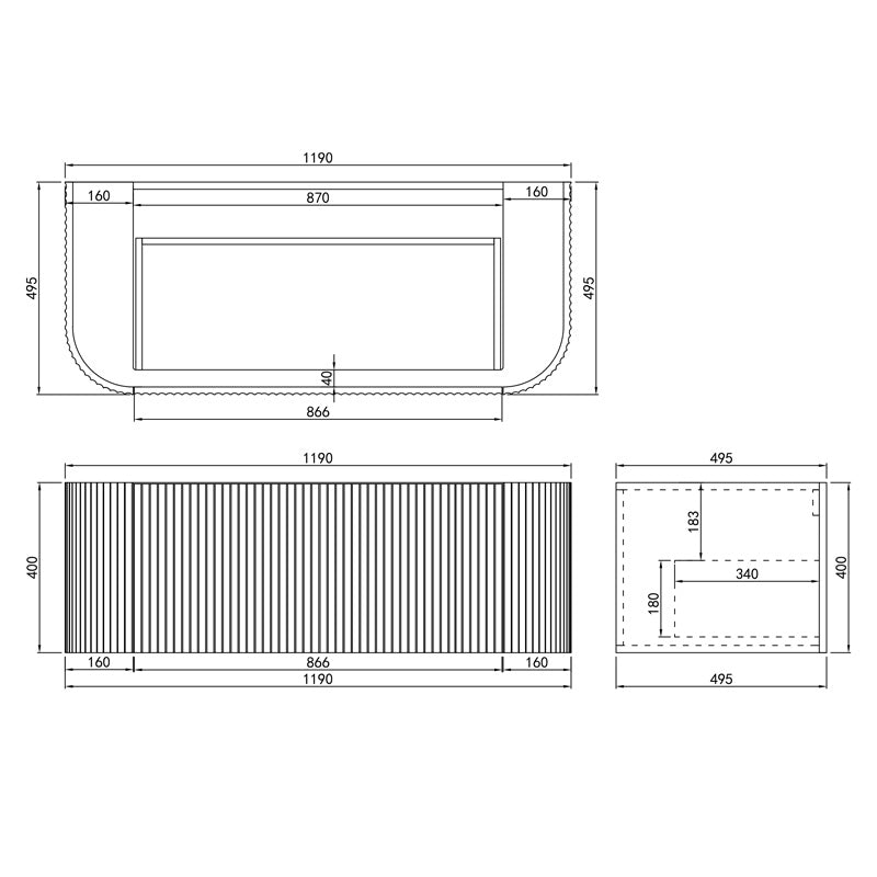 600-1800mm Lukka Agena Matt White/Black Wall Hung Bathroom Fluted PVC Vanity with Soft Closing Drawers Curve Edge