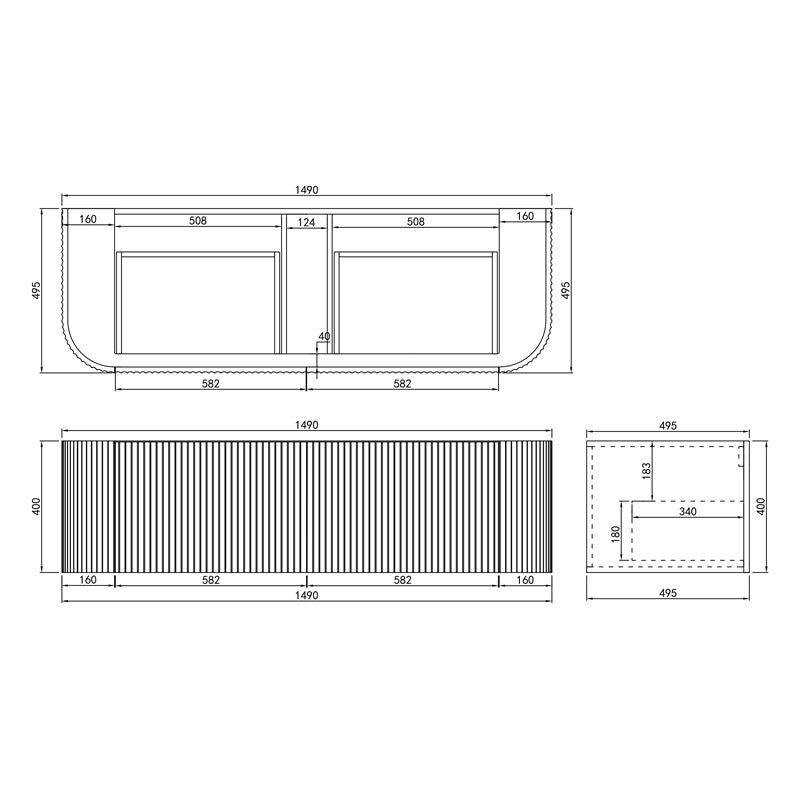 600-1800mm Lukka Agena Matt White/Black Wall Hung Bathroom Fluted PVC Vanity with Soft Closing Drawers Curve Edge