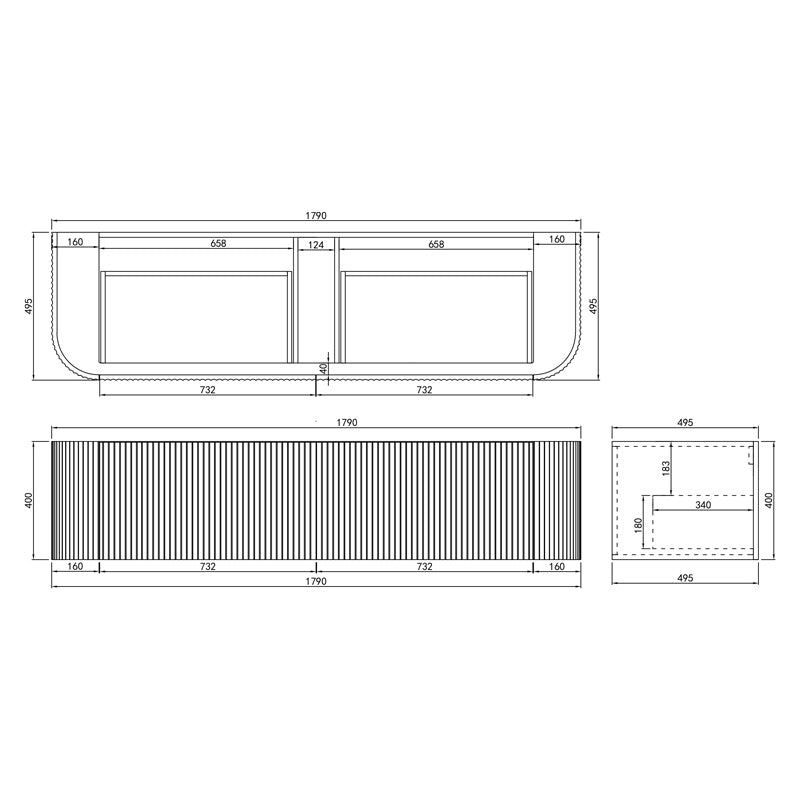600-1800mm Lukka Agena Matt White/Black Wall Hung Bathroom Fluted PVC Vanity with Soft Closing Drawers Curve Edge