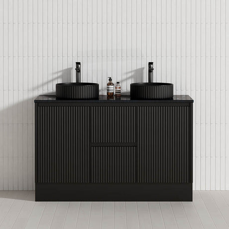 Lukka Crete Modern 600-1500mm Matt Black/White Freestanding Vanity with Kickboard PVC Board Linear Surface