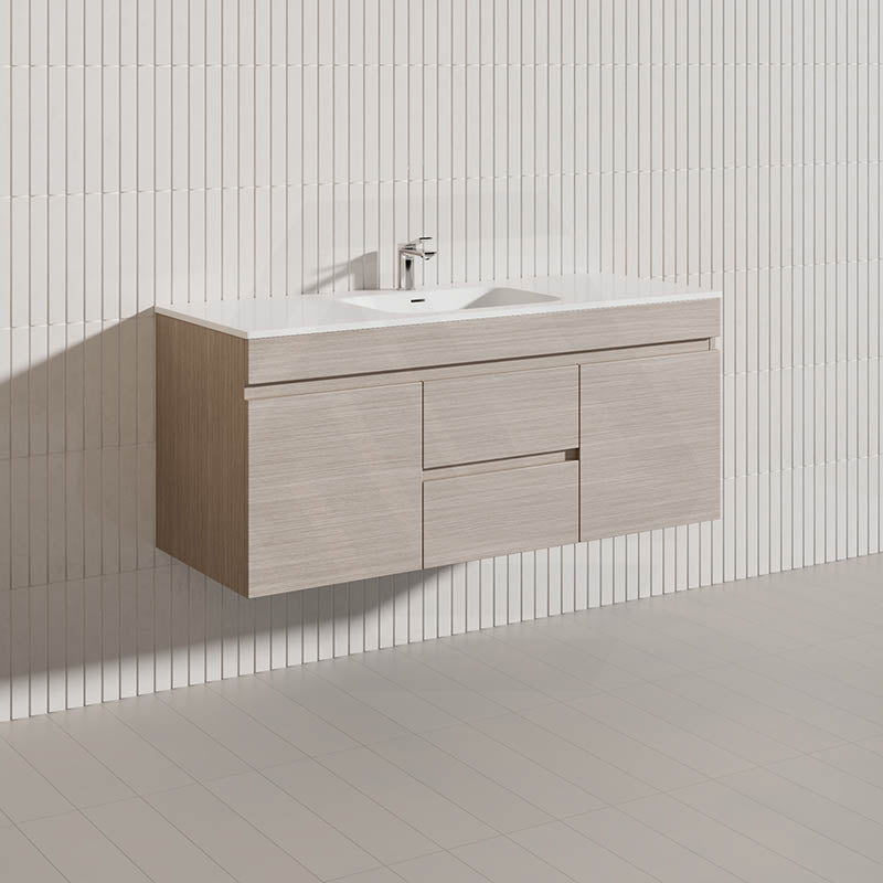 Lukka Camden Modern 1200mm Wall Hung Vanity E0 MDF Wood Grain PVC Film Cabinet with Middle Drawers In Various Colours