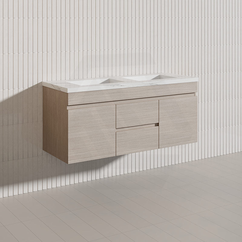 Lukka Camden Modern 1200mm Wall Hung Vanity E0 MDF Wood Grain PVC Film Cabinet with Middle Drawers In Various Colours