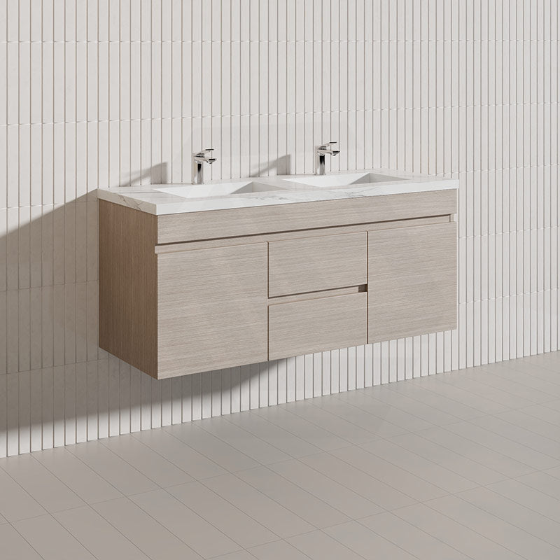 Lukka Camden Modern 1200mm Wall Hung Vanity E0 MDF Wood Grain PVC Film Cabinet with Middle Drawers In Various Colours
