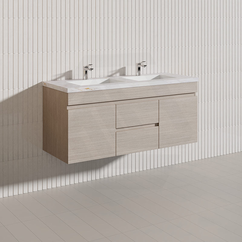 Lukka Camden Modern 1200mm Wall Hung Vanity E0 MDF Wood Grain PVC Film Cabinet with Middle Drawers In Various Colours