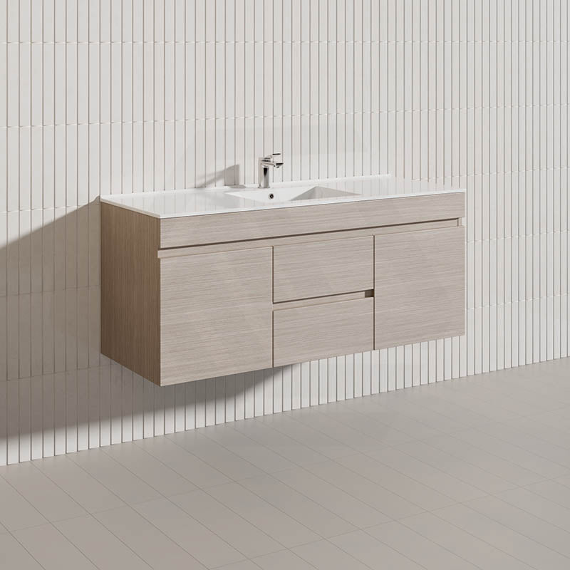 Lukka Camden Modern 1200mm Wall Hung Vanity E0 MDF Wood Grain PVC Film Cabinet with Middle Drawers In Various Colours