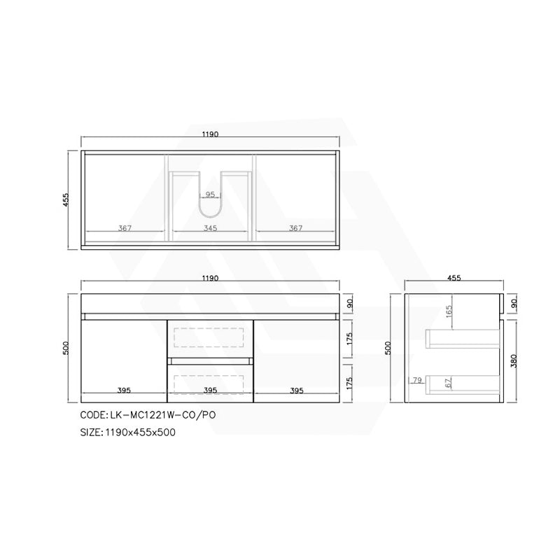 Lukka Camden Modern 1200mm Wall Hung Vanity E0 MDF Wood Grain PVC Film Cabinet with Middle Drawers In Various Colours