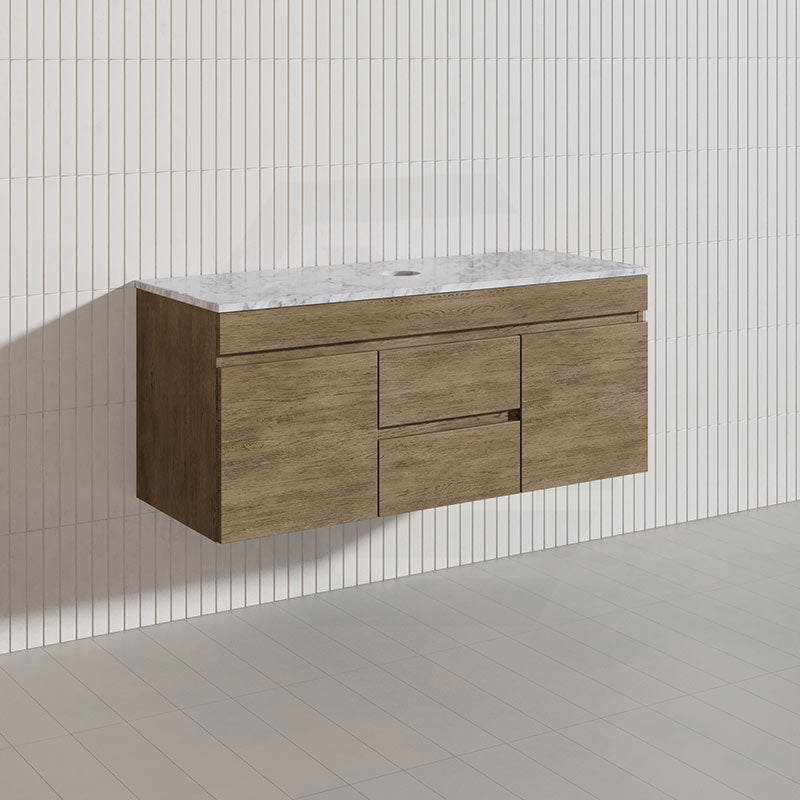 Lukka Camden Modern 1200mm Wall Hung Vanity E0 MDF Wood Grain PVC Film Cabinet with Middle Drawers In Various Colours
