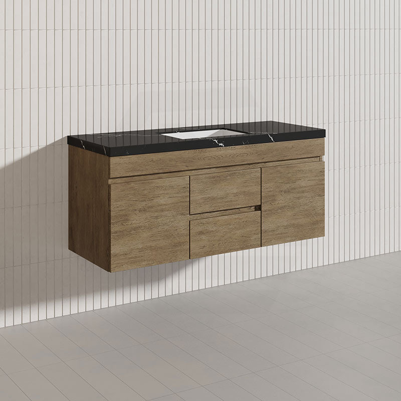 Lukka Camden Modern 1200mm Wall Hung Vanity E0 MDF Wood Grain PVC Film Cabinet with Middle Drawers In Various Colours