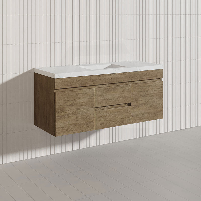 Lukka Camden Modern 1200mm Wall Hung Vanity E0 MDF Wood Grain PVC Film Cabinet with Middle Drawers In Various Colours