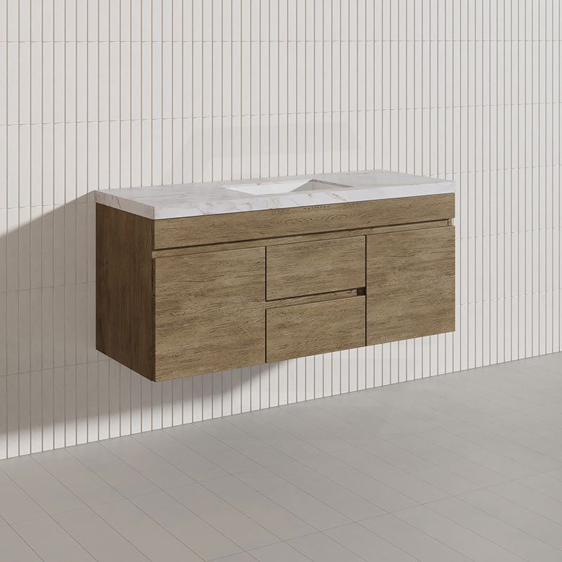 Lukka Camden Modern 1200mm Wall Hung Vanity E0 MDF Wood Grain PVC Film Cabinet with Middle Drawers In Various Colours