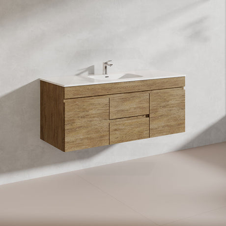 Lukka Camden Modern 1200mm Wall Hung Vanity E0 MDF Wood Grain PVC Film Cabinet with Middle Drawers In Various Colours