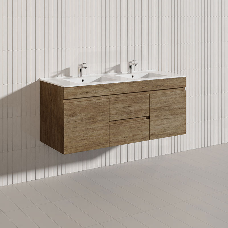 Lukka Camden Modern 1200mm Wall Hung Vanity E0 MDF Wood Grain PVC Film Cabinet with Middle Drawers In Various Colours