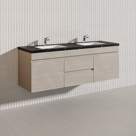 Lukka Camden Modern 1500mm Wall Hung Vanity E0 MDF Wood Grain PVC Film Cabinet with Middle Drawers In Various Colours