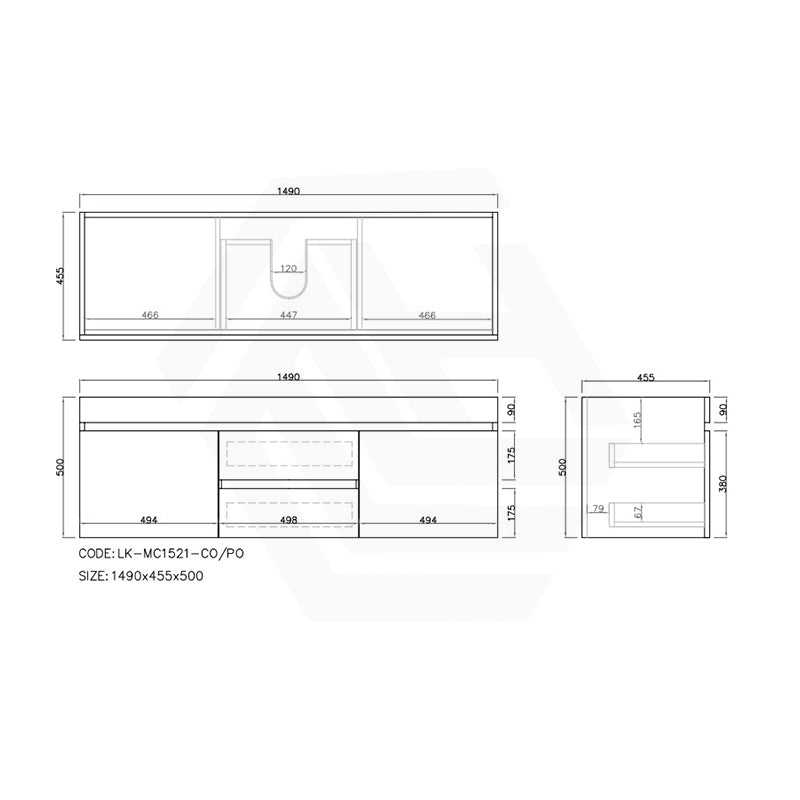 Lukka Camden Modern 1500mm Wall Hung Vanity E0 MDF Wood Grain PVC Film Cabinet with Middle Drawers In Various Colours
