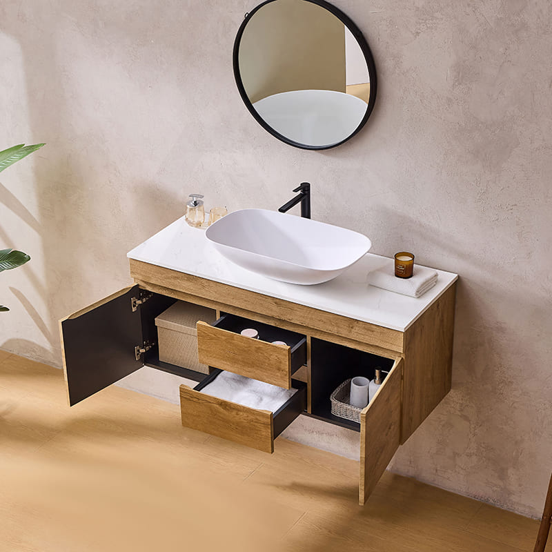 Lukka Camden Modern 1500mm Wall Hung Vanity E0 MDF Wood Grain PVC Film Cabinet with Middle Drawers In Various Colours