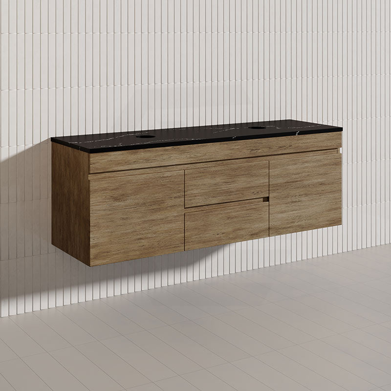 Lukka Camden Modern 1500mm Wall Hung Vanity E0 MDF Wood Grain PVC Film Cabinet with Middle Drawers In Various Colours