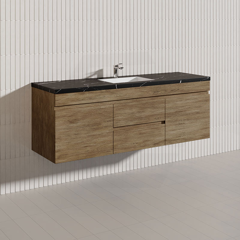 Lukka Camden Modern 1500mm Wall Hung Vanity E0 MDF Wood Grain PVC Film Cabinet with Middle Drawers In Various Colours
