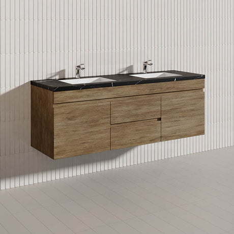 Lukka Camden Modern 1500mm Wall Hung Vanity E0 MDF Wood Grain PVC Film Cabinet with Middle Drawers In Various Colours