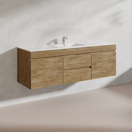 Lukka Camden Modern 1500mm Wall Hung Vanity E0 MDF Wood Grain PVC Film Cabinet with Middle Drawers In Various Colours