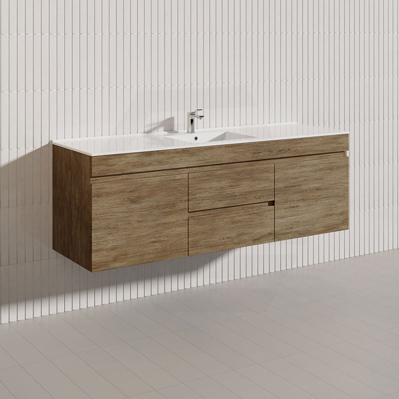 Lukka Camden Modern 1500mm Wall Hung Vanity E0 MDF Wood Grain PVC Film Cabinet with Middle Drawers In Various Colours