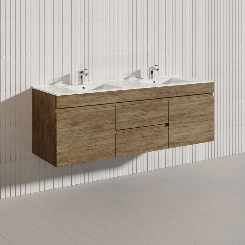 Lukka Camden Modern 1500mm Wall Hung Vanity E0 MDF Wood Grain PVC Film Cabinet with Middle Drawers In Various Colours