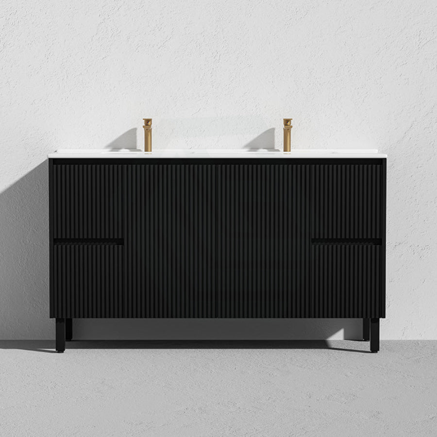 Lukka Crete Modern 600-1500mm Matt Black/White Freestanding Vanity with Legs PVC Board Linear Surface