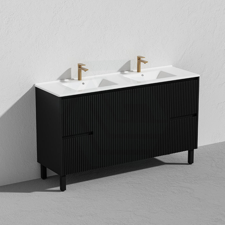 Lukka Crete Modern 600-1500mm Matt Black/White Freestanding Vanity with Legs PVC Board Linear Surface