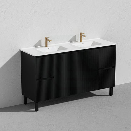 Lukka Crete Modern 600-1500mm Matt Black/White Freestanding Vanity with Legs PVC Board Linear Surface