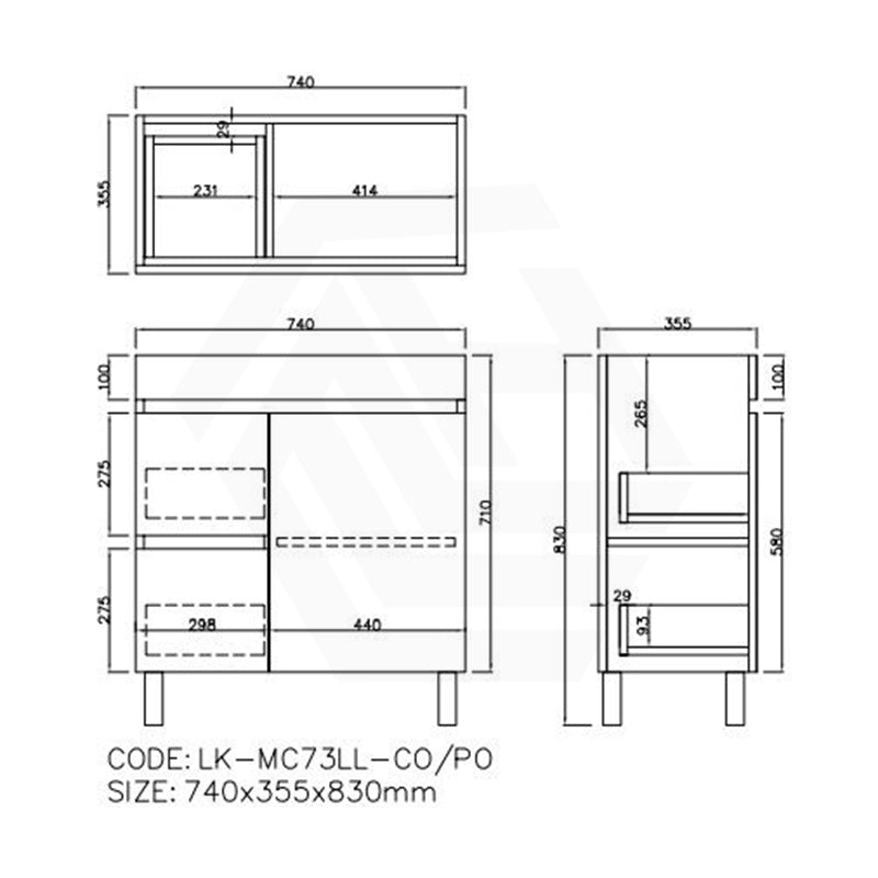 Lukka Camden Modern 750mm Narrow Freestanding Vanity E0 MDF Wood Grain PVC Film Cabinet with Left/Right Hand Drawers In Various Colours