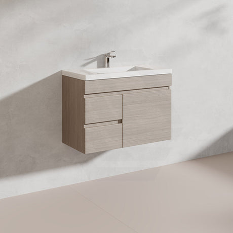 Lukka Camden Modern 750mm Narrow Wall Hung Vanity E0 MDF Wood Grain PVC Film Cabinet with Left/Right Hand Drawers Variant Colour Available