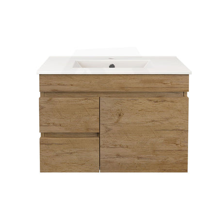 Lukka Camden Modern 750mm Narrow Wall Hung Vanity E0 MDF Wood Grain PVC Film Cabinet with Left/Right Hand Drawers Variant Colour Available