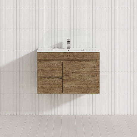 Lukka Camden Modern 750mm Narrow Wall Hung Vanity E0 MDF Wood Grain PVC Film Cabinet with Left/Right Hand Drawers Variant Colour Available