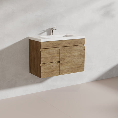 Lukka Camden Modern 750mm Narrow Wall Hung Vanity E0 MDF Wood Grain PVC Film Cabinet with Left/Right Hand Drawers Variant Colour Available