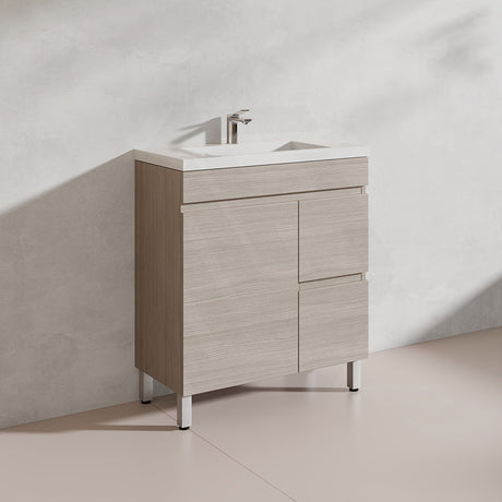 Lukka Camden Modern 750mm Narrow Freestanding Vanity E0 MDF Wood Grain PVC Film Cabinet with Left/Right Hand Drawers In Various Colours