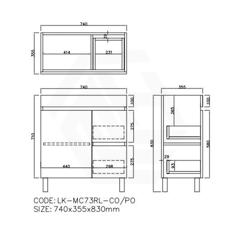 Lukka Camden Modern 750mm Narrow Freestanding Vanity E0 MDF Wood Grain PVC Film Cabinet with Left/Right Hand Drawers In Various Colours