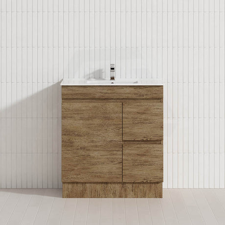 Lukka Camden Modern 750mm Narrow Freestanding Vanity E0 MDF Wood Grain PVC Film Cabinet with Left/Right Hand Drawers In Various Colours