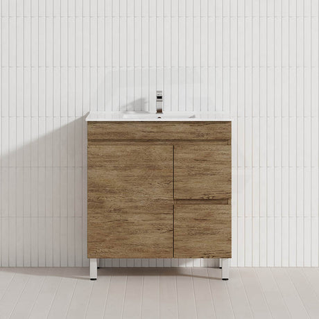 Lukka Camden Modern 750mm Narrow Freestanding Vanity E0 MDF Wood Grain PVC Film Cabinet with Left/Right Hand Drawers In Various Colours