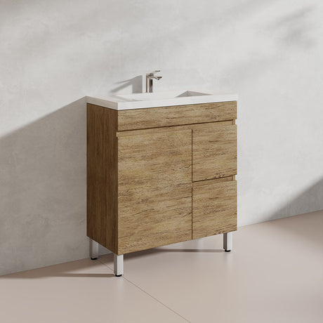 Lukka Camden Modern 750mm Narrow Freestanding Vanity E0 MDF Wood Grain PVC Film Cabinet with Left/Right Hand Drawers In Various Colours