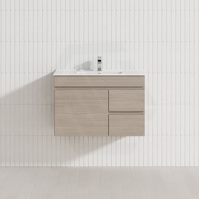Lukka Camden Modern 750mm Narrow Wall Hung Vanity E0 MDF Wood Grain PVC Film Cabinet with Left/Right Hand Drawers Variant Colour Available