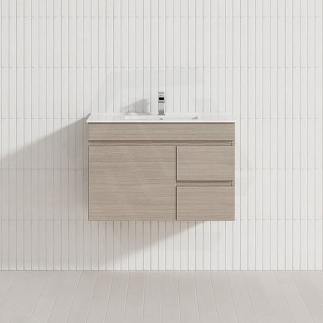 Lukka Camden Modern 750mm Narrow Wall Hung Vanity E0 MDF Wood Grain PVC Film Cabinet with Left/Right Hand Drawers Variant Colour Available